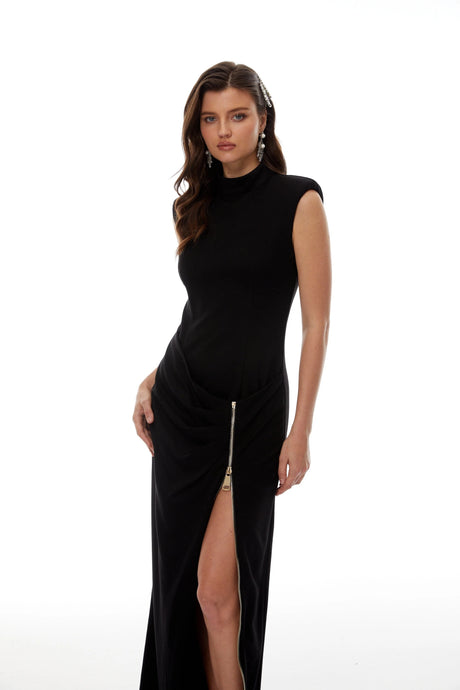 Flaminia Maxi Dress Black with Zip Up Detail
