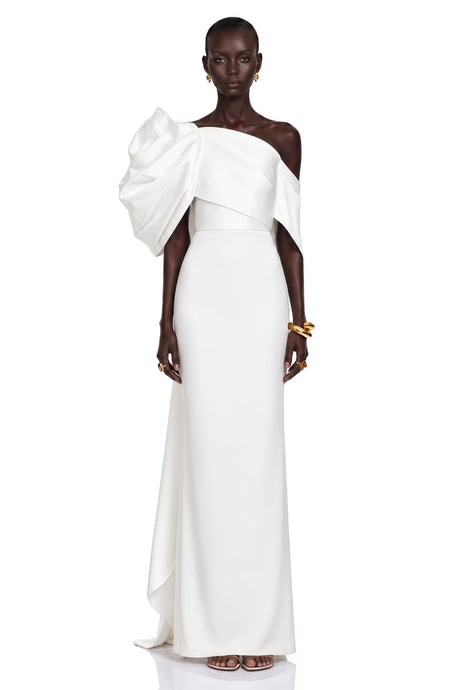Mariuccia Maxi Dress White One Shoulder with Bow Detail