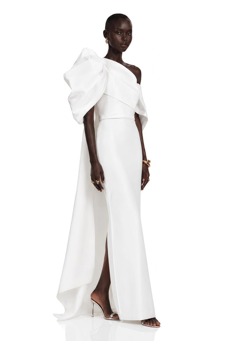 Mariuccia Maxi Dress White One Shoulder with Bow Detail