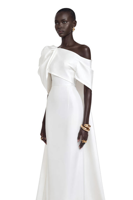 Mariuccia Maxi Dress White One Shoulder with Bow Detail