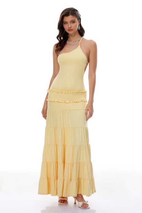 Nadia Maxi Dress Yellow One Shoulder Tiered