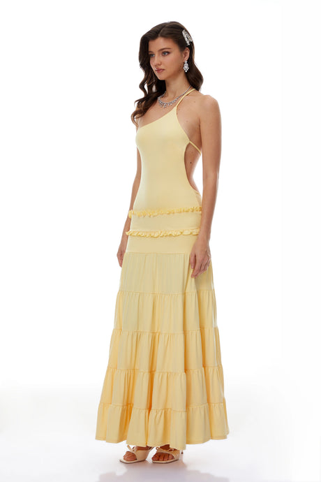 Nadia Maxi Dress Yellow One Shoulder Tiered