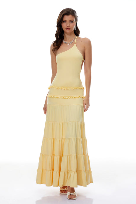 Nadia Maxi Dress Yellow One Shoulder Tiered