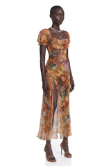 Marwen Orange Square Neck Floral Maxi Dress