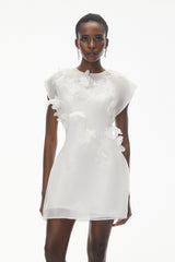 Maryam White Chiffon Mini Dress with 3D Petals