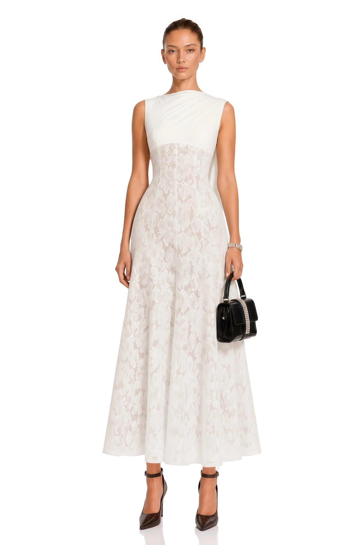 Marzia White Ribbon Detail Floral Lace Maxi Dress