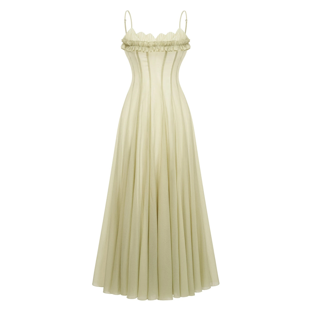 Matcha Ruffled Shirred Tulle Maxi Dress