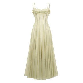 Matcha Ruffled Shirred Tulle Maxi Dress