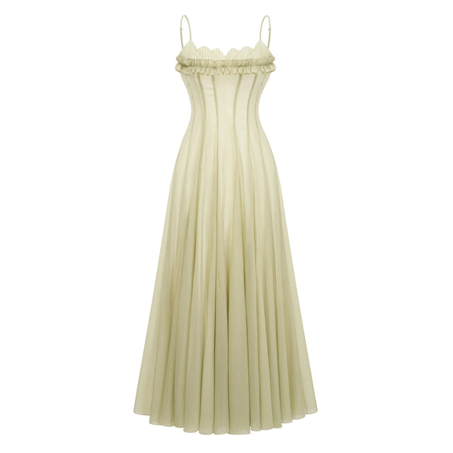 Matcha Ruffled Shirred Tulle Maxi Dress