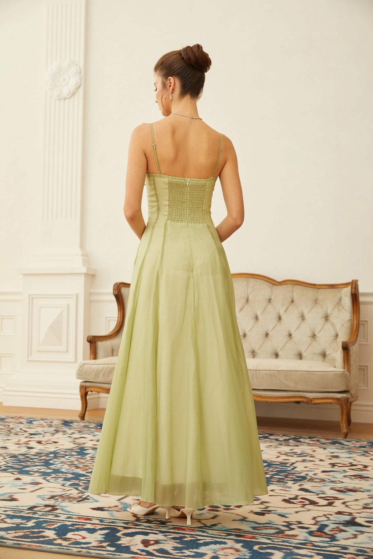 Matcha Ruffled Shirred Tulle Maxi Dress