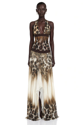 Mathilde Chocolate Brown Leopard Print Halterneck Maxi Dress