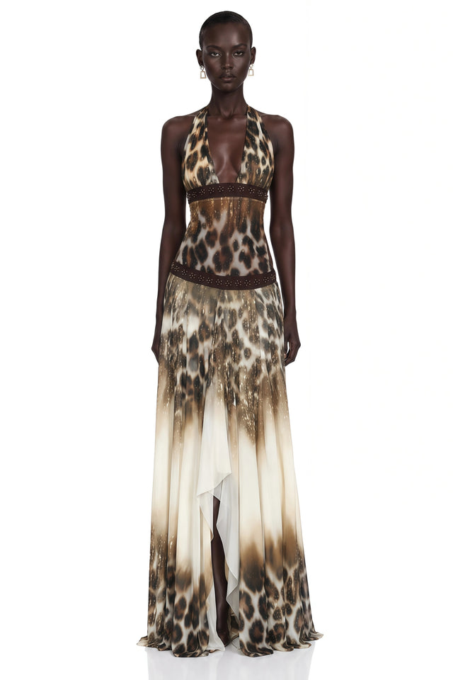 Mathilde Chocolate Brown Leopard Print Halterneck Maxi Dress