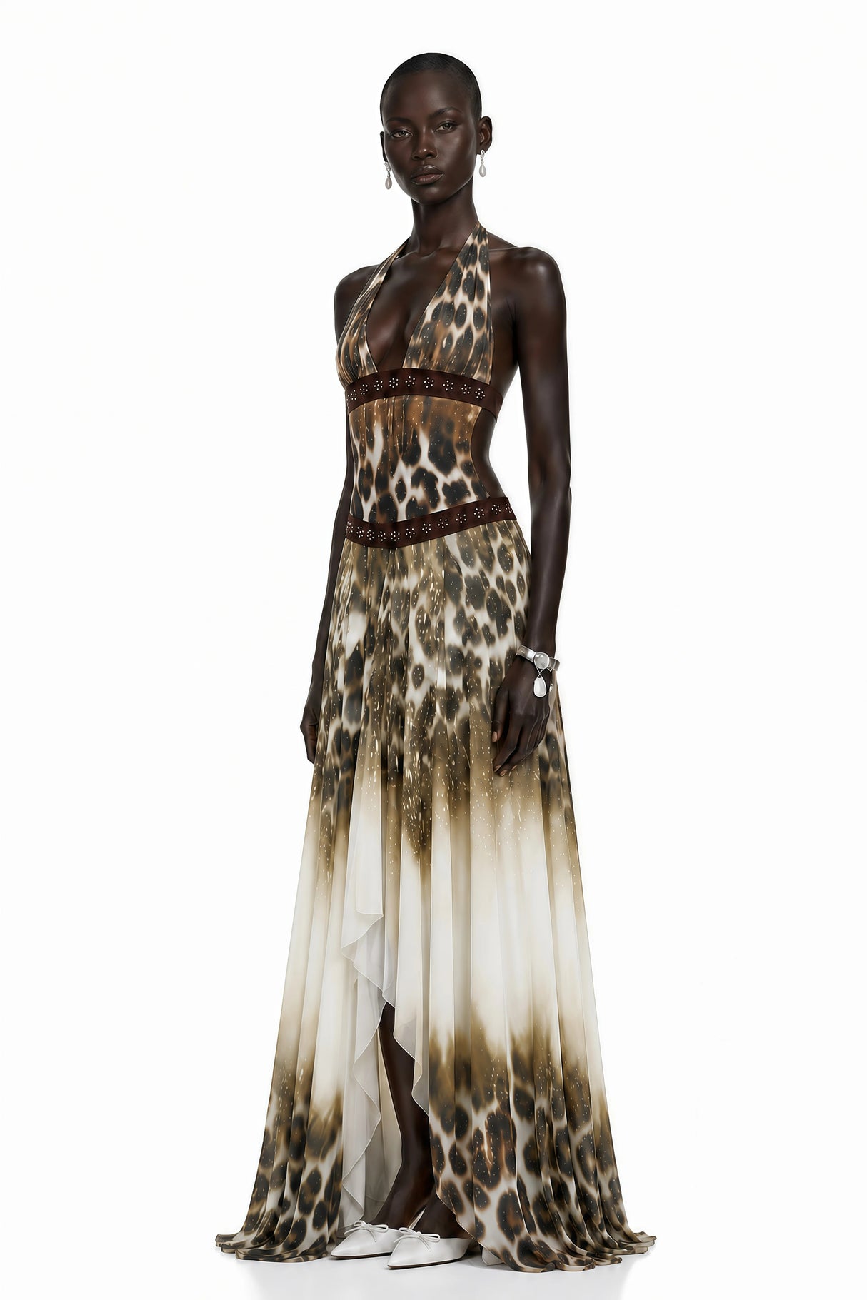 Mathilde Chocolate Brown Leopard Print Halterneck Maxi Dress