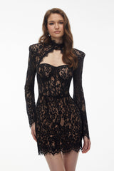 Matilda Black Turtleneck Lace Mini Dress with CutOuts