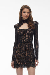 Matilda Black Turtleneck Lace Mini Dress with CutOuts