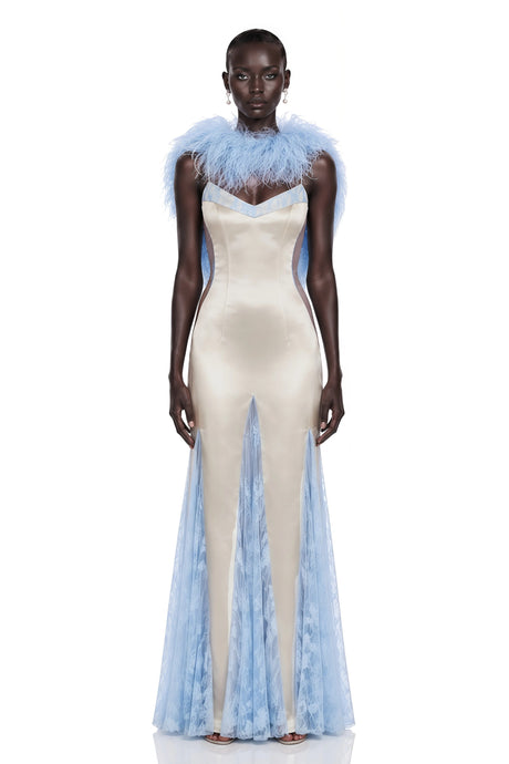 Sara Maxi Dress Blue Lace Panel with Spaghetti Straps