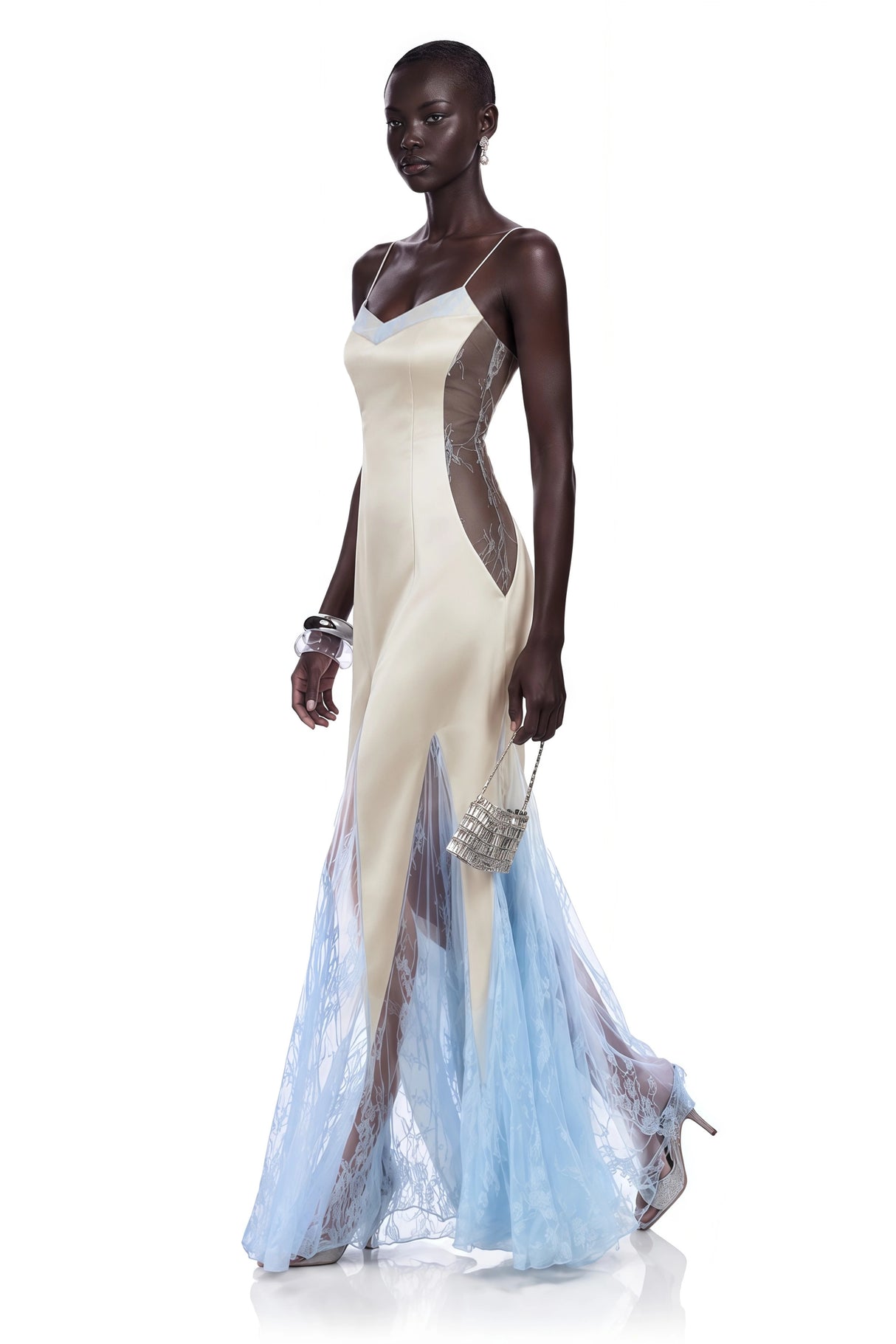 Matilda Blue Lace Panel Maxi Dress with Spaghetti Straps