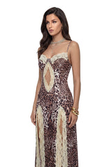 Matilda Brown Leopard Print Maxi Dress with CutOuts