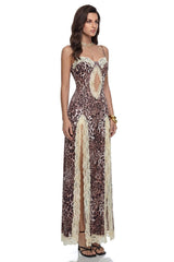 Matilda Brown Leopard Print Maxi Dress with CutOuts