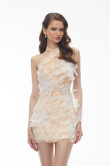 Matilda Champagne Halterneck Mini Dress with 3D Petals