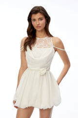 Matilda White Lace Panel Puffball Mini Dress