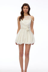 Matilda White Lace Panel Puffball Mini Dress