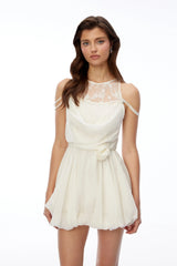 Matilda White Lace Panel Puffball Mini Dress