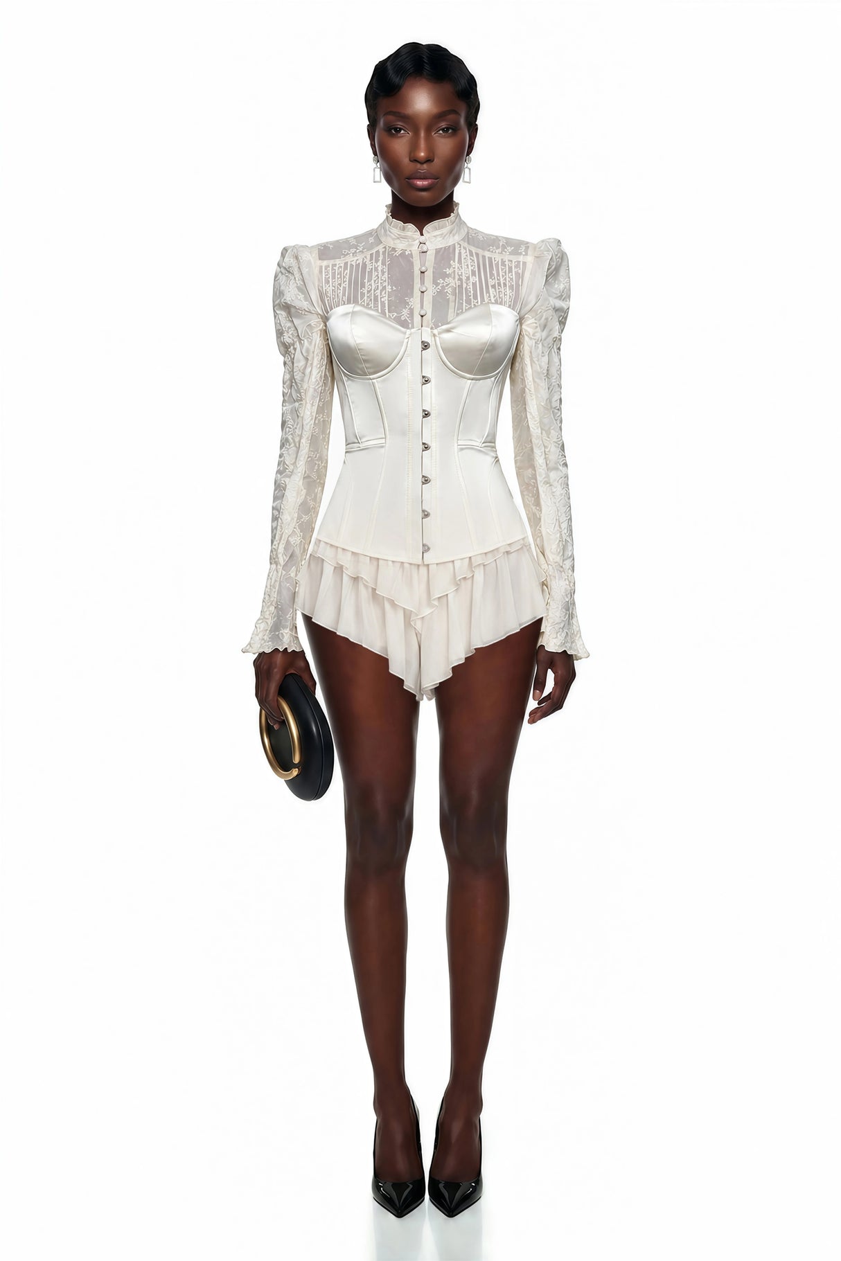 Matilde White Satin Corset Mini Dress with Lace Panels