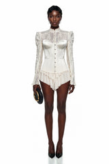 Matilde White Satin Corset Mini Dress with Lace Panels
