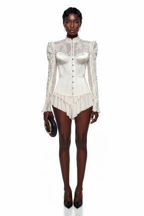 Matilde White Satin Corset Mini Dress with Lace Panels