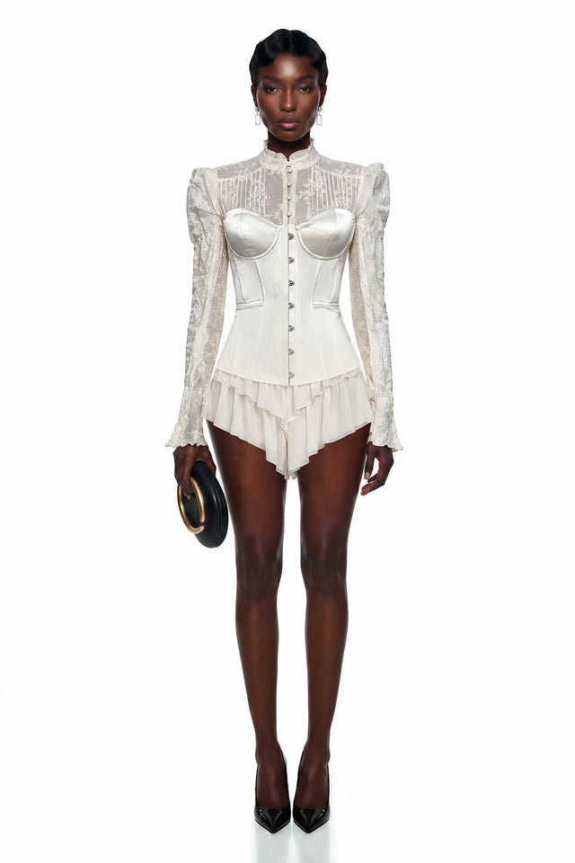 Matilde White Satin Corset Mini Dress with Lace Panels