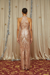 Maxanne Rose Gold Halterneck Embellished Maxi Dress