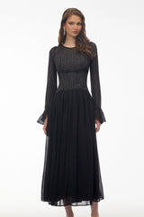 Maya Black Maxi Dress with Bell Sleeves and Bow