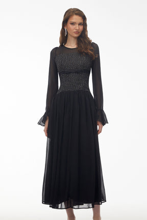 Maya Black Maxi Dress with Bell Sleeves and Bow