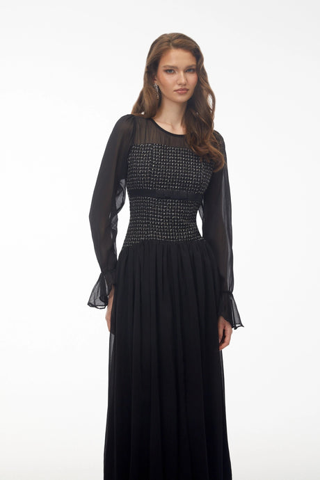 Andromeda Maxi Dress Black with Bell Sleeves and Bow