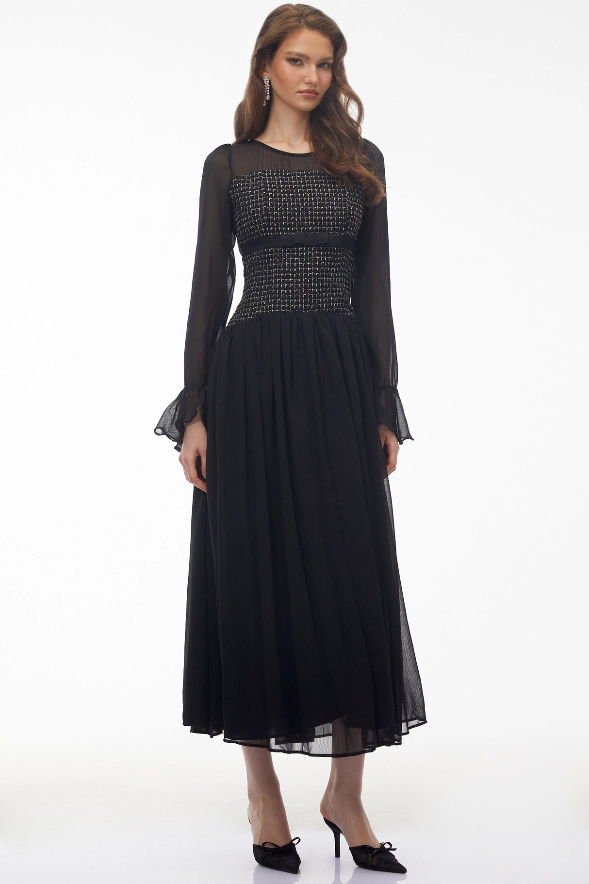 Maya Black Maxi Dress with Bell Sleeves and Bow