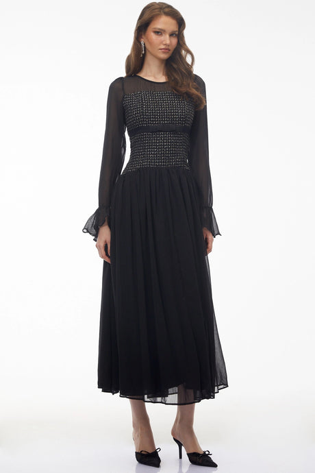 Andromeda Maxi Dress Black with Bell Sleeves and Bow