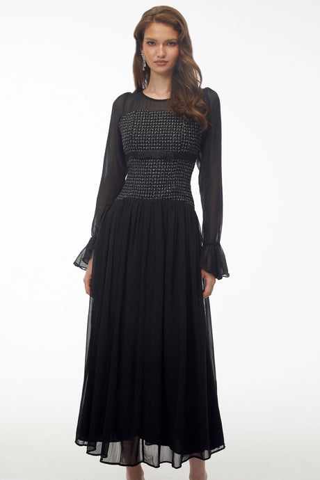Andromeda Maxi Dress Black with Bell Sleeves and Bow