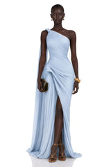 Meissa Blue Asymmetrical Ruched Maxi Dress
