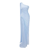 Meissa Blue Asymmetrical Ruched Maxi Dress