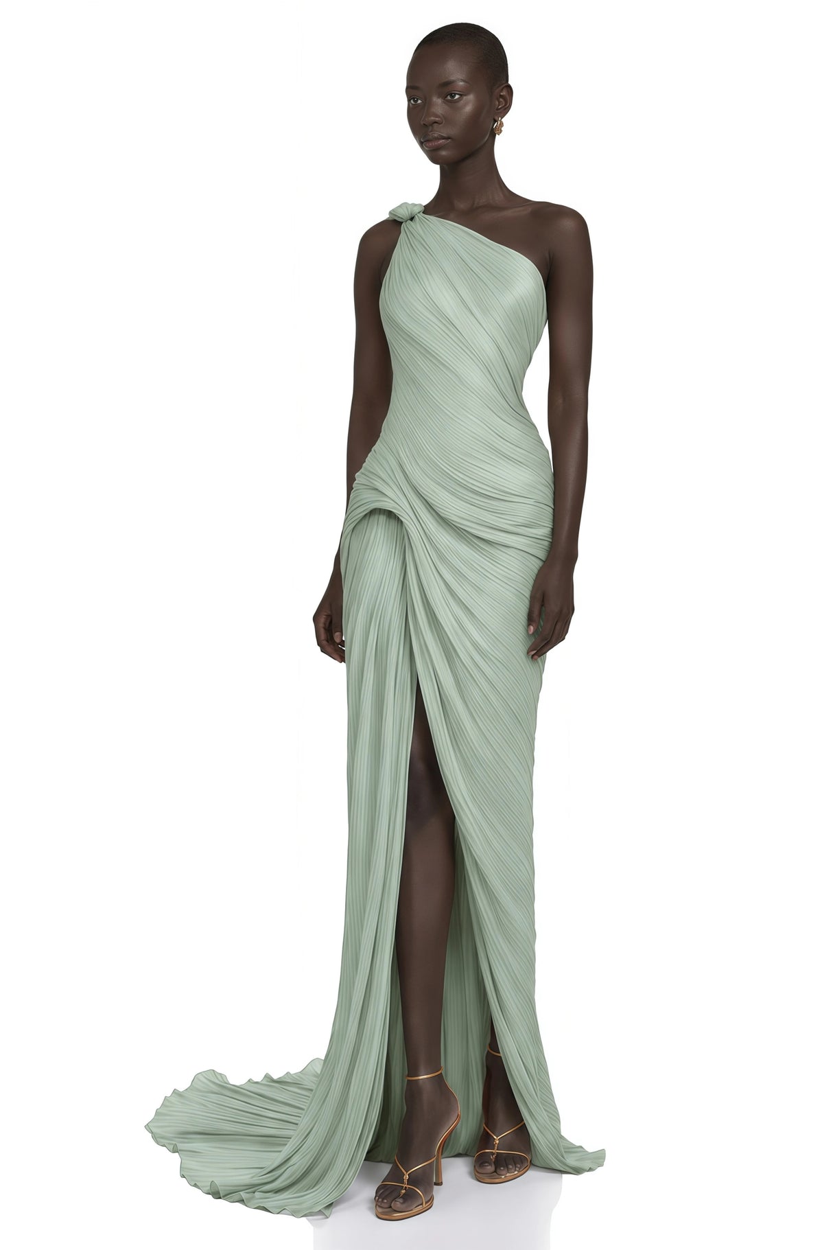 Meissa Green Asymmetrical Ruched Maxi Dress