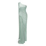 Meissa Green Asymmetrical Ruched Maxi Dress