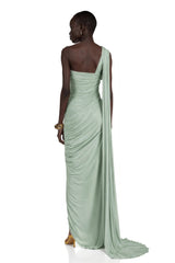 Meissa Green Asymmetrical Ruched Maxi Dress