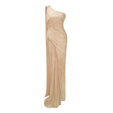 Meissa Neutral Asymmetrical Ruched Maxi Dress