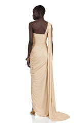 Meissa Neutral Asymmetrical Ruched Maxi Dress