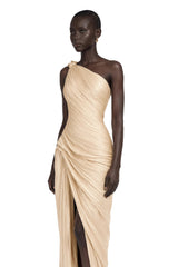 Meissa Neutral Asymmetrical Ruched Maxi Dress