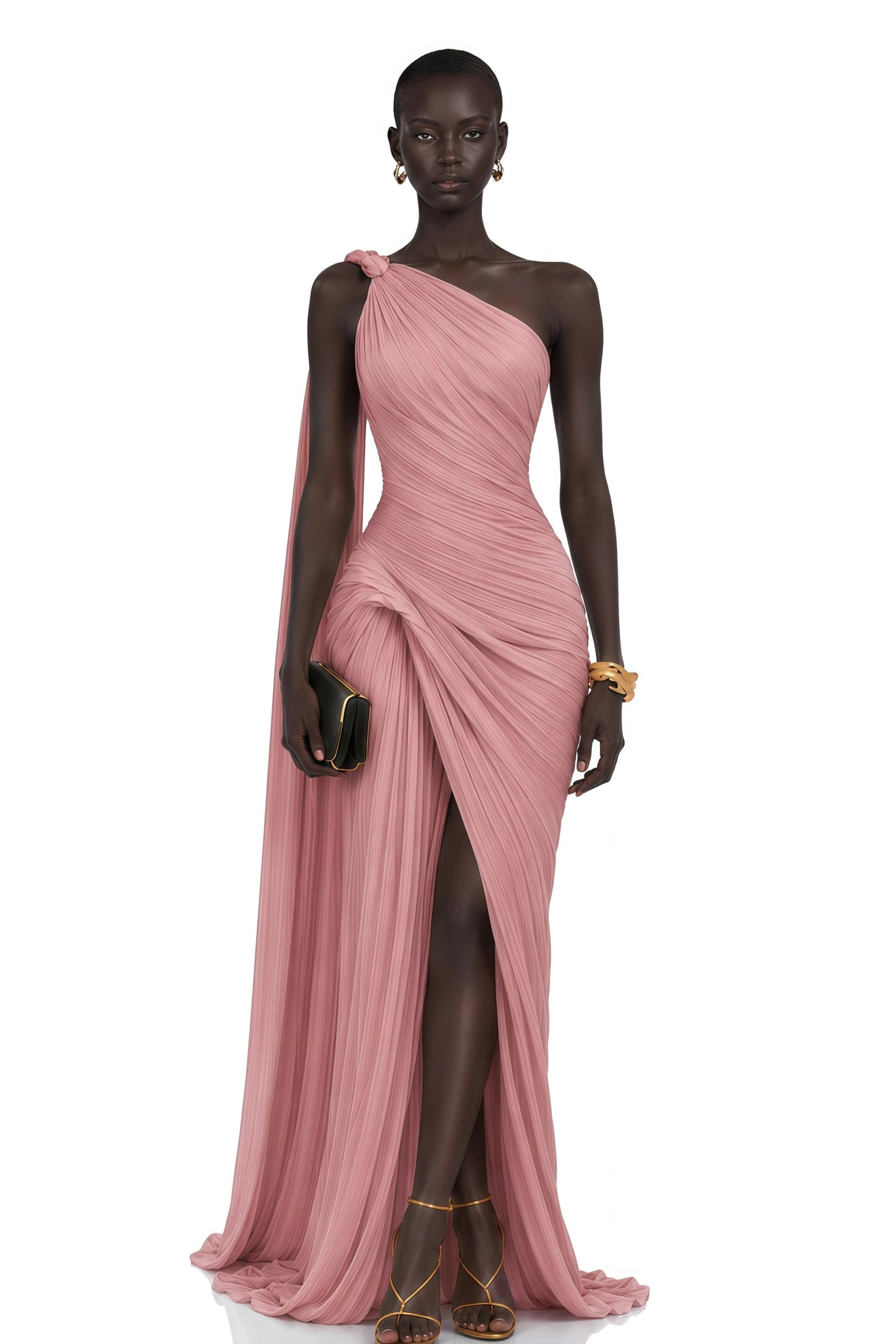 Meissa Pink Asymmetrical Ruched Maxi Dress