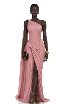 Meissa Pink Asymmetrical Ruched Maxi Dress