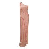Meissa Pink Asymmetrical Ruched Maxi Dress