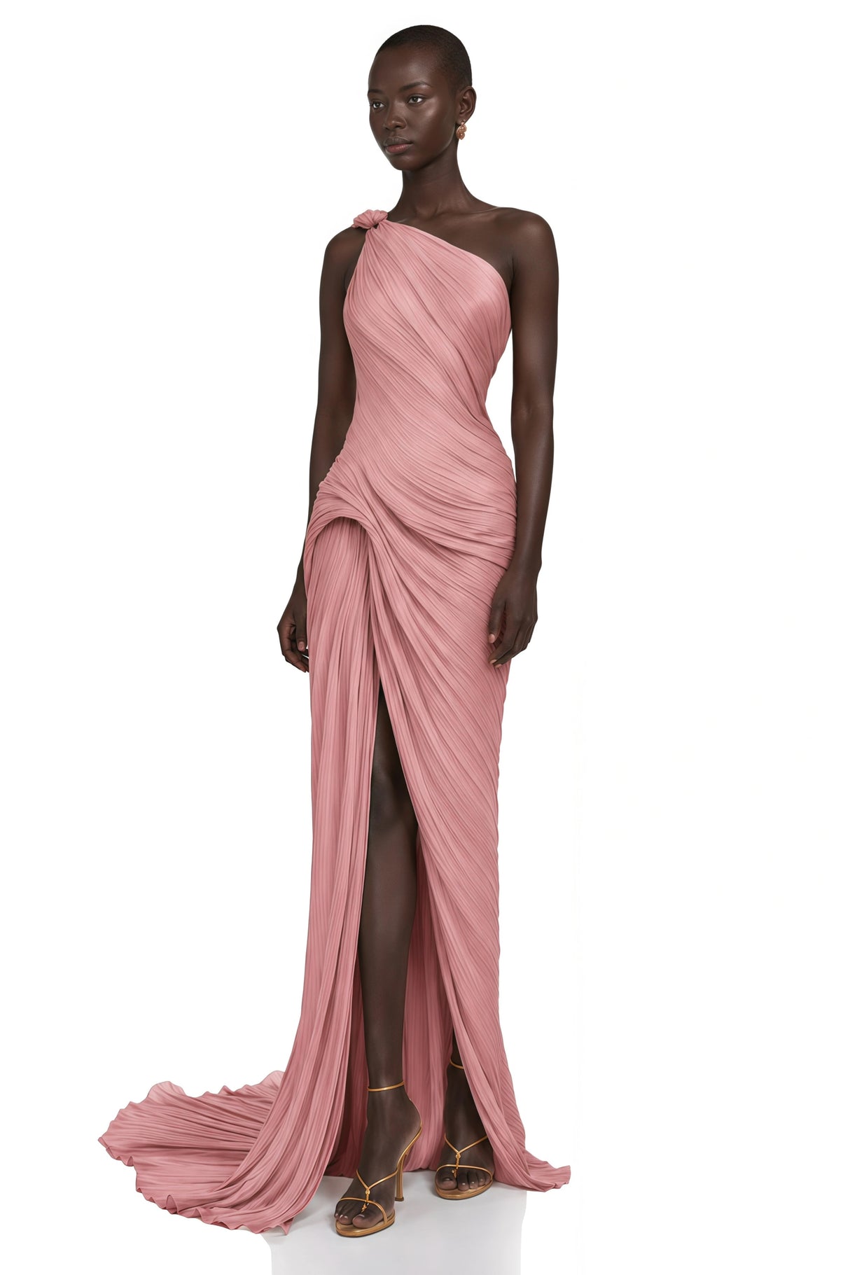 Meissa Pink Asymmetrical Ruched Maxi Dress
